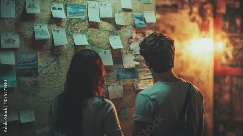 A couple closely examines a map covered with notes, their mutual curiosity driven by a shared sense of adventure and discovery.