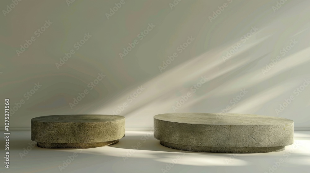 Concrete Minimalist Platforms: Two round concrete platforms, showcasing a simple yet elegant design, bathed in soft, natural light. Perfect for product displays or modern interior design. Concrete Minimalist Platforms: Two round concrete platforms, showcasing a simple yet elegant design, bathed in soft, natural light. Perfect for product displays or modern interior design.
