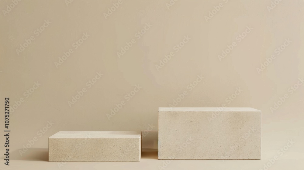 Minimalist Product Display: Two pristine white platforms against a soft beige backdrop, providing a clean and modern canvas for showcasing your products. Minimalist Product Display: Two pristine white platforms against a soft beige backdrop, providing a clean and modern canvas for showcasing your products.