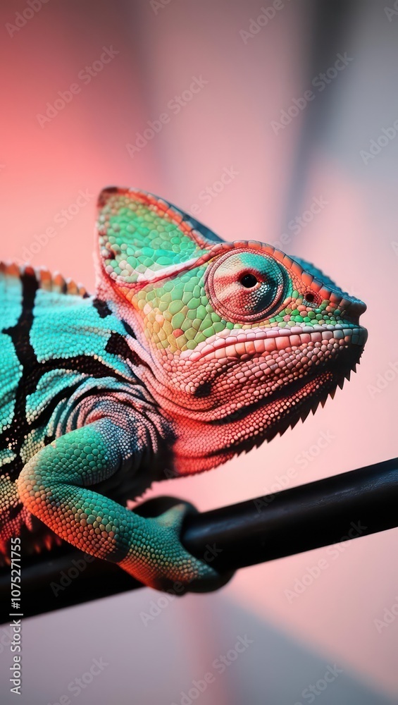 Obraz premium Colorful Chameleon Perched on a Branch Against a Vibrant Background in an Indoor Setting