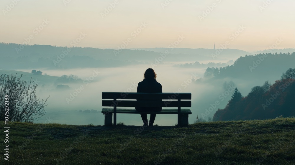 A solitary figure sits on a bench, gazing at a misty, rolling landscape at dawn, embodying stillness and reflection in nature’s embrace. A solitary figure sits on a bench, gazing at a misty, rolling landscape at dawn, embodying stillness and reflection in nature’s embrace.