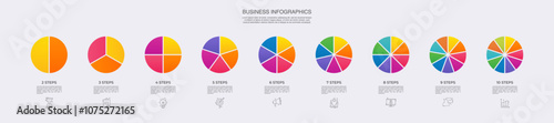 Circle division vector infographics icon set from 2 to 10. Different color circles chart divided 2, 3, 4, 5, 6, 7, 8, 9,10 equal parts. Business round diagram with same size sectors, fraction.