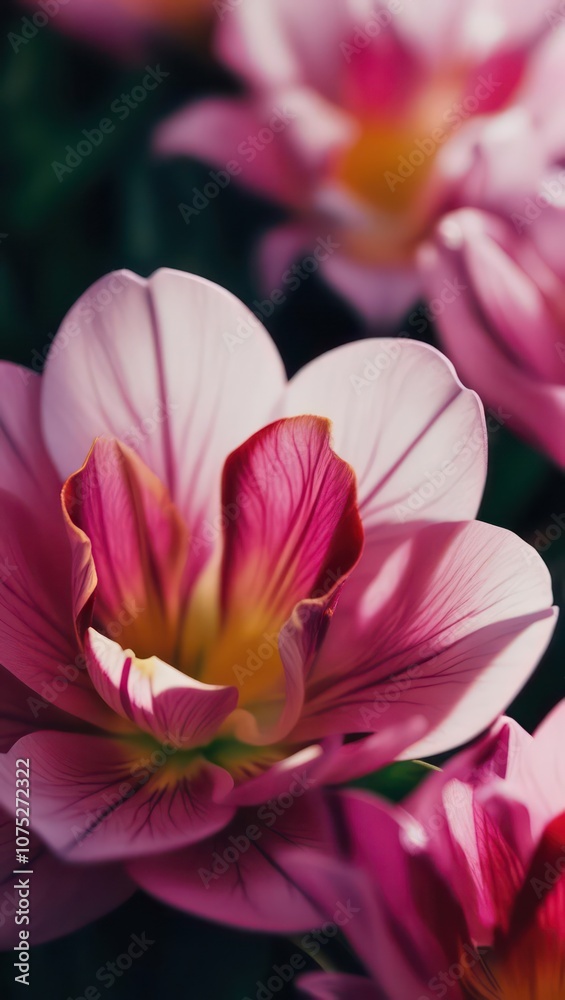 Close-up View of Pink and Yellow Tulips Blooming in a Sunny Garden During Spring Season Close-up View of Pink and Yellow Tulips Blooming in a Sunny Garden During Spring Season