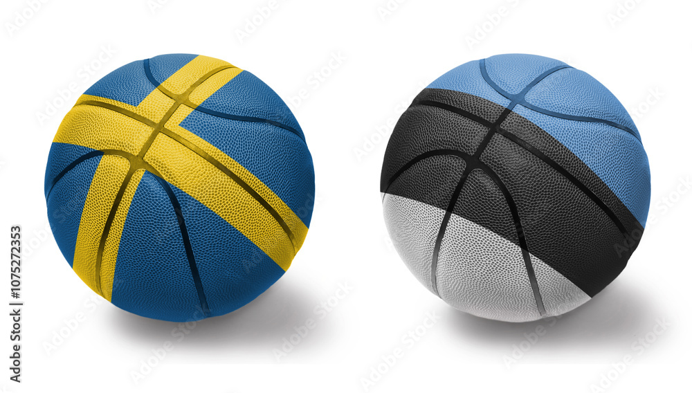 Obraz premium basketball balls with the national flags of estonia and sweden on the white background.