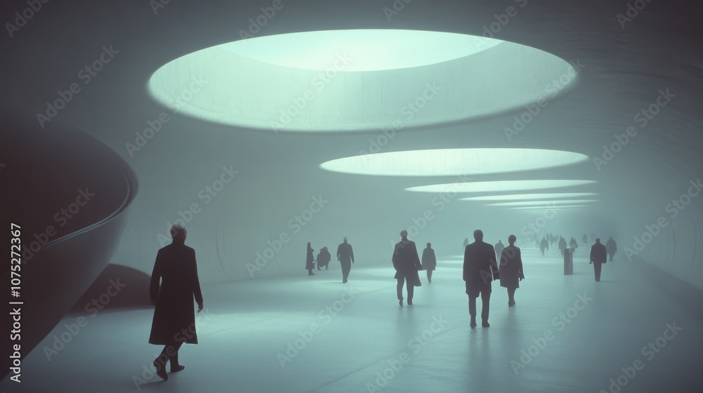 Shadows stretch across a futuristic, mist-filled corridor as anonymous figures pass through, creating a scene of mystery and modernity. Shadows stretch across a futuristic, mist-filled corridor as anonymous figures pass through, creating a scene of mystery and modernity.