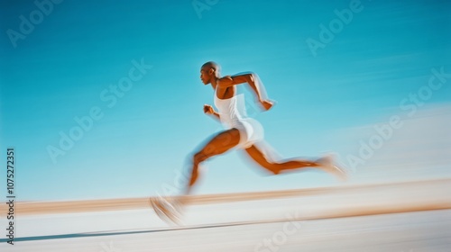 A blur of motion captures a runner sprinting under a vibrant blue sky, epitomizing speed, determination, and athletic prowess. photo