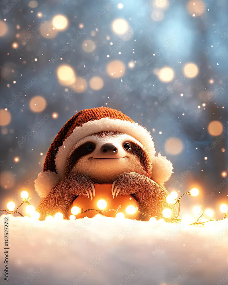 Obraz premium A cheerful sloth wearing a Santa hat amidst sparkling holiday lights in the snow.