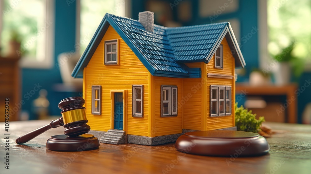A gavel and a small model home sit on a wooden table, representing real estate law. A gavel and a small model home sit on a wooden table, representing real estate law.