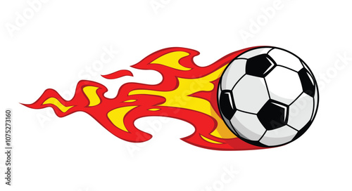 Football ball for soccer flies and leaves trail of fire behind it. Vector soccer ball on transparent background