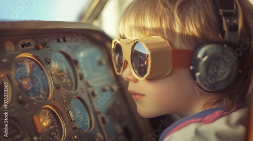 A child with oversized aviator lenses and headphones peers at cockpit instruments, emulating a pilot's world with innocent curiosity and dreams. photo