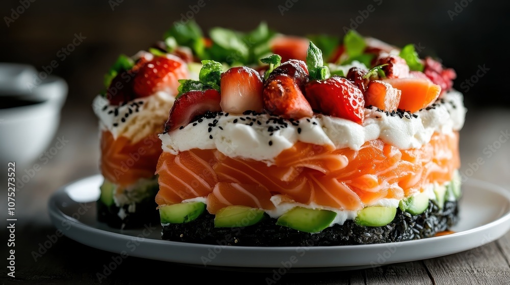 A visually appealing sushi cake featuring layers of salmon and adorned with strawberries, representing a fusion of culinary art and delectable gourmet presentation. A visually appealing sushi cake featuring layers of salmon and adorned with strawberries, representing a fusion of culinary art and delectable gourmet presentation.