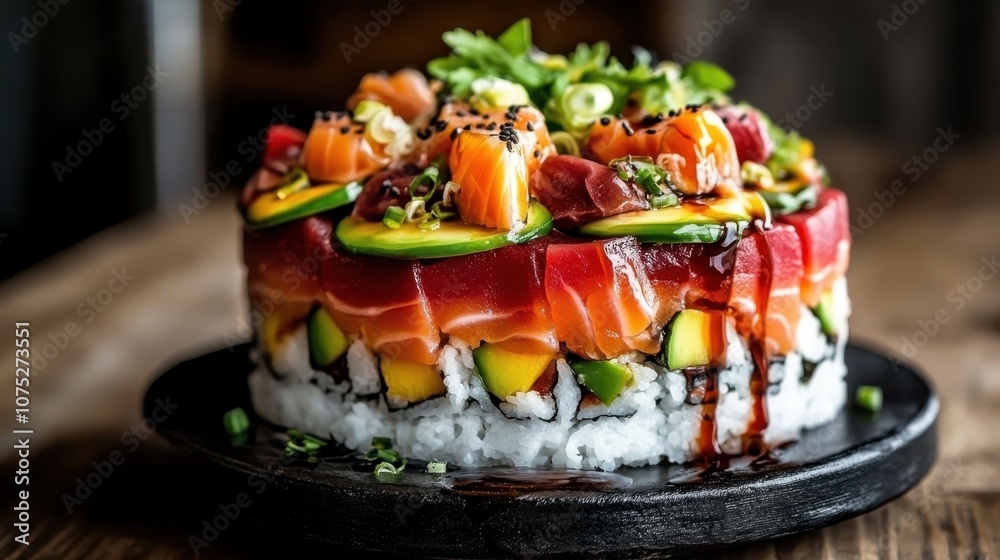 A vibrant, round sushi cake layered with fresh tuna, salmon, and creamy avocado, garnished with fresh greens and drizzled sauce, showcasing a culinary masterpiece. A vibrant, round sushi cake layered with fresh tuna, salmon, and creamy avocado, garnished with fresh greens and drizzled sauce, showcasing a culinary masterpiece.