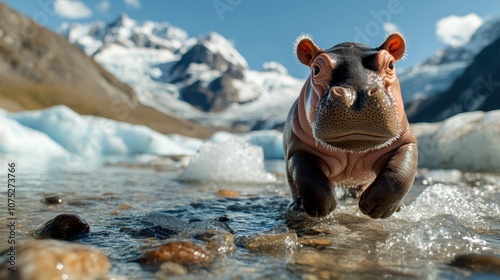 A playful hippo enjoys an invigorating romp in icy waters, surrounded by a breathtaking mountain backdrop, capturing the essence of joy in the natural world. photo