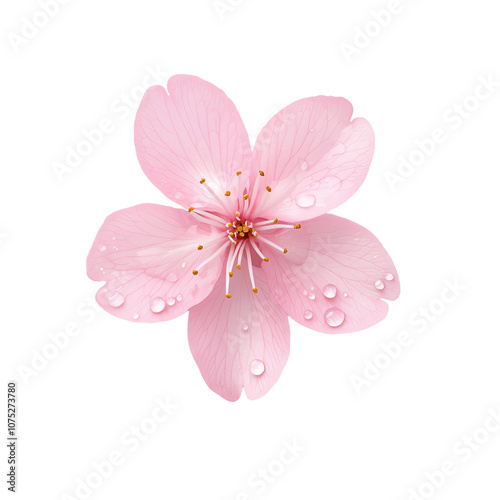 Beautiful pink cherry blossom flower with dew drops on white isolated background. transparent background