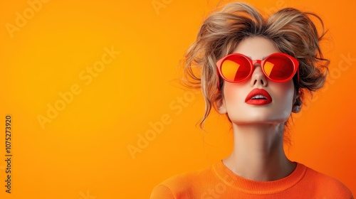 A fashionable woman wears orange attire with trendy orange glasses, standing confidently against a matching colored backdrop, embodying style and creativity.