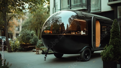 Fototapeta Naklejka Na Ścianę i Meble -  A sleek, black food truck with futuristic design elements, nestled in an urban outdoor setting, with fresh greenery surrounding and offering gourmet street eats.