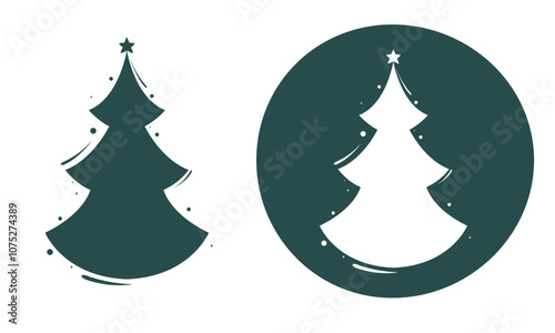 Silhouette of a festive dressed up Christmas tree. Christmas tree and tree in a circle. 
