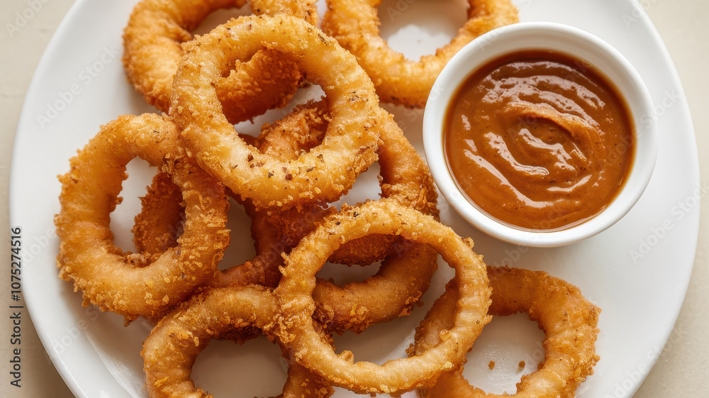 Golden crispy onion rings served with a side of tangy dipping sauce, perfect for a snack or appetizer. Golden crispy onion rings served with a side of tangy dipping sauce, perfect for a snack or appetizer.