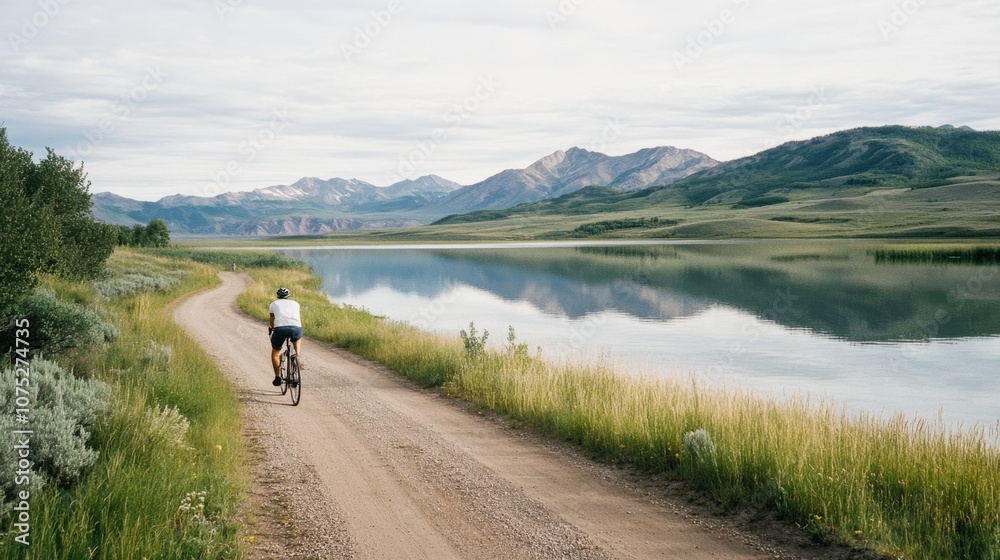 Obraz premium A lone cyclist navigates a tranquil lakeside path with towering mountains mirrored in the serene water beneath a soft, cloudy sky.