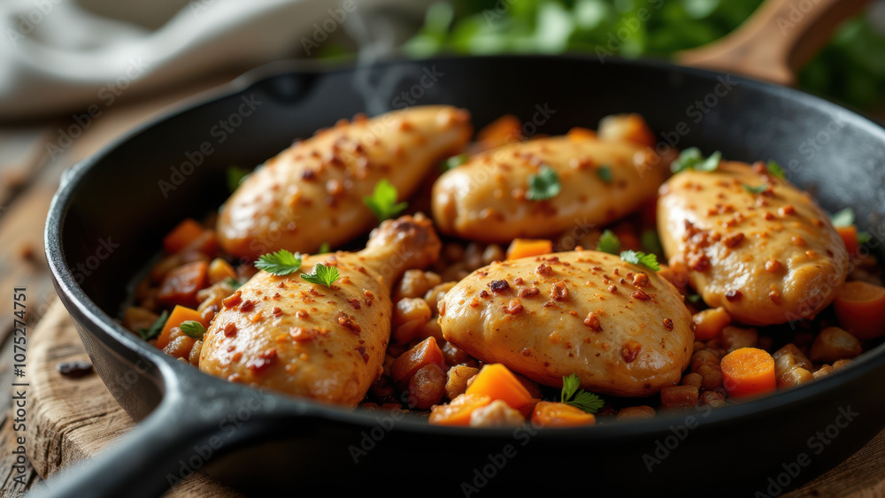 A dish of Mary's chicken with carrots served in a pan on a table. A dish of Mary's chicken with carrots served in a pan on a table.