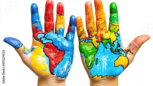 Colorful painted hands depicting a world map, symbolizing unity and global connection, on a white isolated background. photo