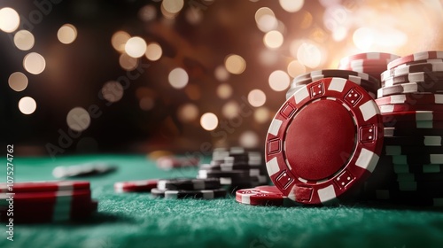 A vibrant display of stacked red and black poker chips on a green felt table, with dazzling bokeh lights in the background symbolizing a casino atmosphere. photo