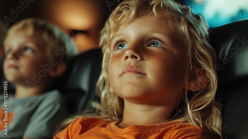 A blonde-haired child in an orange shirt looks mesmerized by a film in a cinema, capturing the joyful innocence and immersive experience of childhood wonder.