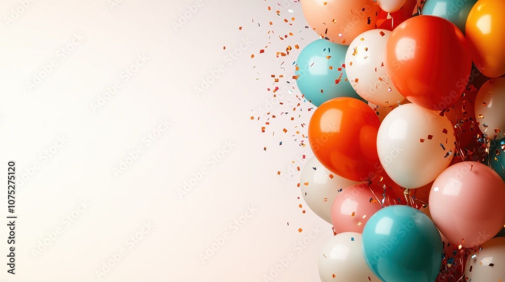 An array of vibrant balloons in various colors such as red, blue, and white surrounded by floating confetti, creating a festive and exciting atmosphere. An array of vibrant balloons in various colors such as red, blue, and white surrounded by floating confetti, creating a festive and exciting atmosphere.