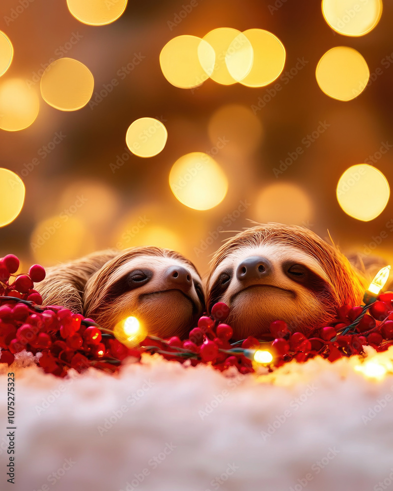 Obraz premium Two adorable sloths cuddling in festive decorations and soft lights.