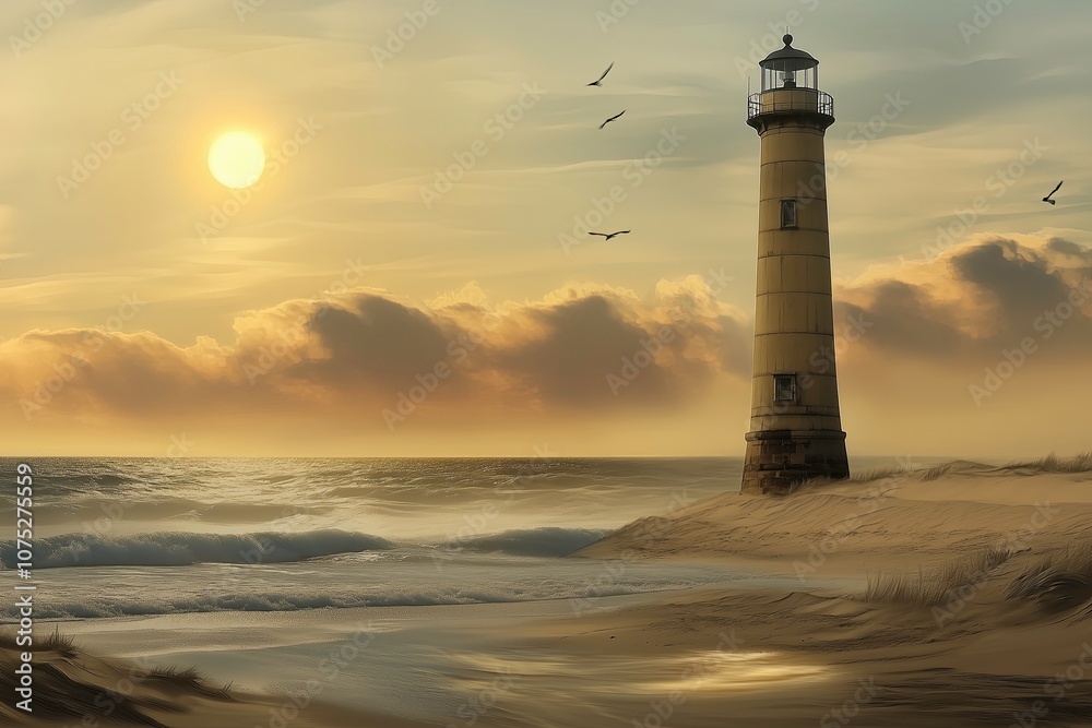 Lighthouse on sandy beach at sunset with waves and seagulls Lighthouse on sandy beach at sunset with waves and seagulls