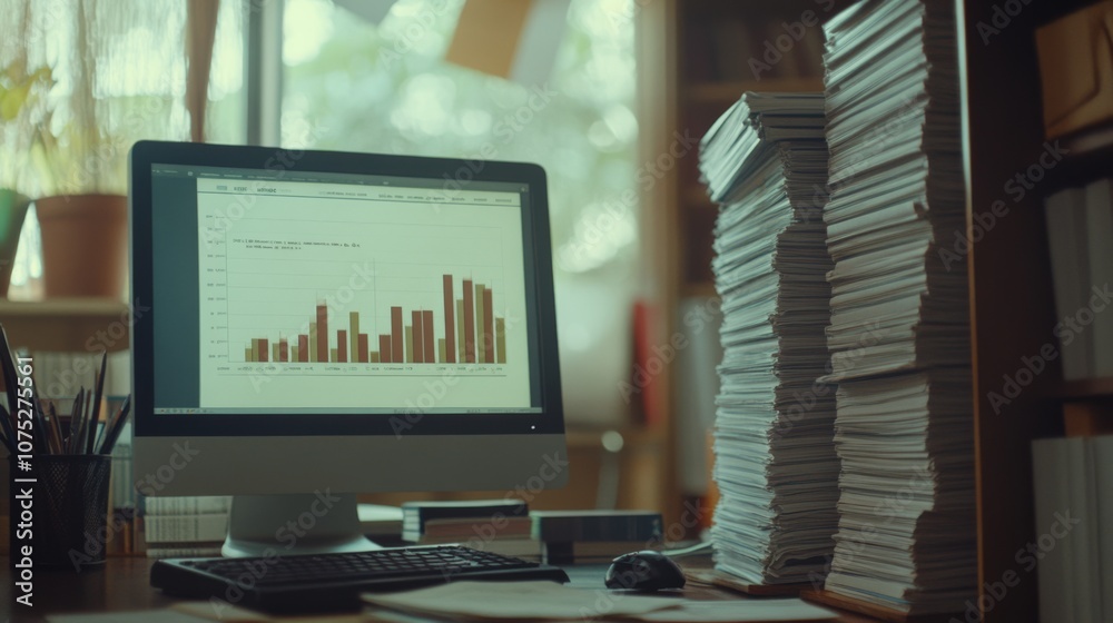 A tranquil office filled with sunlight, featuring a computer displaying graphs next to towering piles of papers.