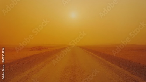 A long, empty road stretches into a yellow-hued desert, the sun obscured by hazy skies, evoking feelings of solitude and infinite possibilities.