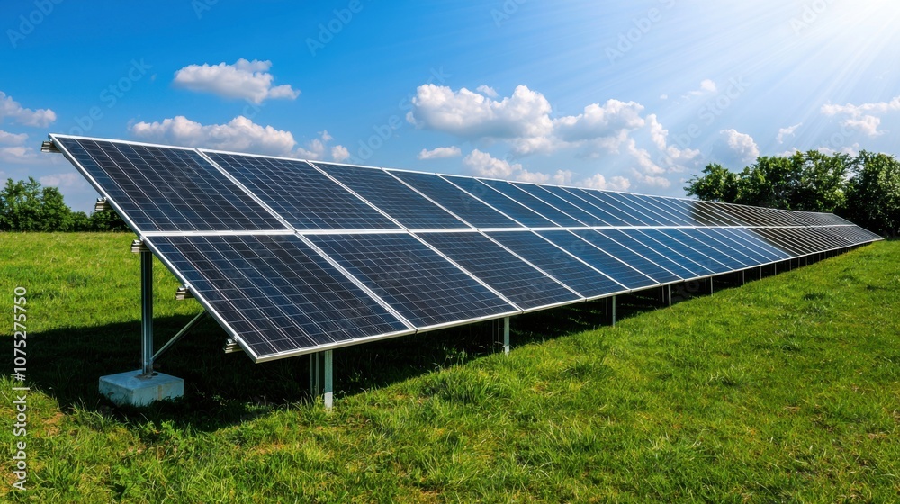 A field of solar panels harnessing renewable energy under a clear blue sky. A field of solar panels harnessing renewable energy under a clear blue sky.