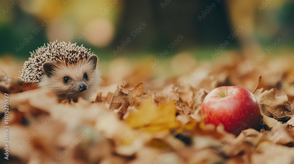 Obraz premium Hedgehog in autumn leaves with red apple