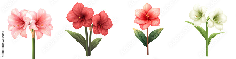 Colorful amaryllis flowers in varying shades on a white isolated background. transparent background Colorful amaryllis flowers in varying shades on a white isolated background. transparent background