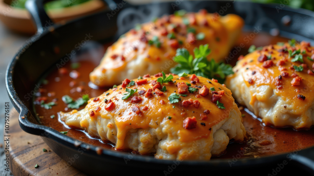 Delicious Mary's Chicken in a skillet with melted cheese and herbs. Delicious Mary's Chicken in a skillet with melted cheese and herbs.