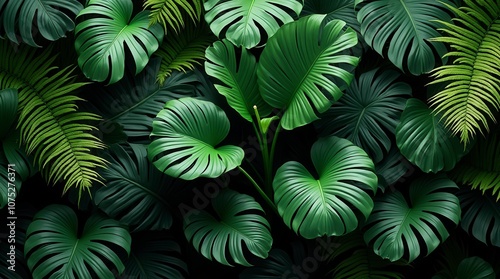 Wallpaper Mural Lush Green Tropical Plant Bush with Monstera Palm Rubber Plant Pine and Fern Leaves Torontodigital.ca