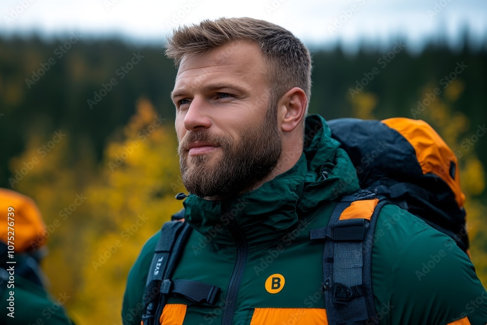 Obraz premium Couple hiking together through a misty forest, capturing a sense of adventure and companionship