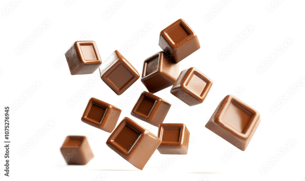 Floating chocolate cubes isolate on white background, perfect for dessert or confectionery themes. Floating chocolate cubes isolate on white background, perfect for dessert or confectionery themes.