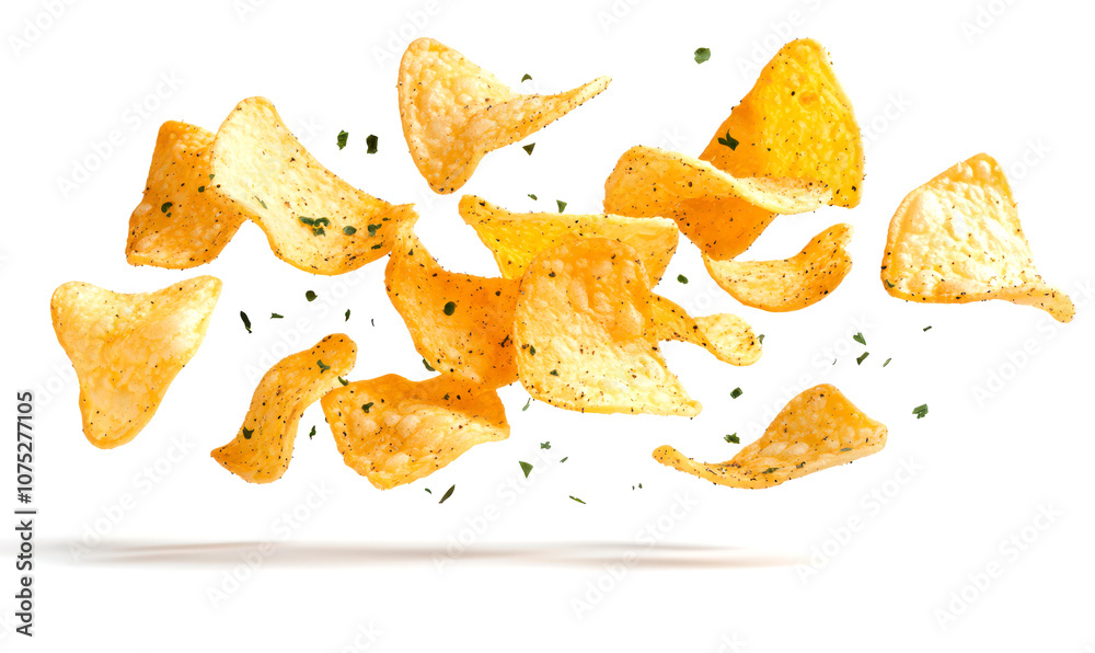 Flying potato chips with herbs isolate on white background. Flying potato chips with herbs isolate on white background.