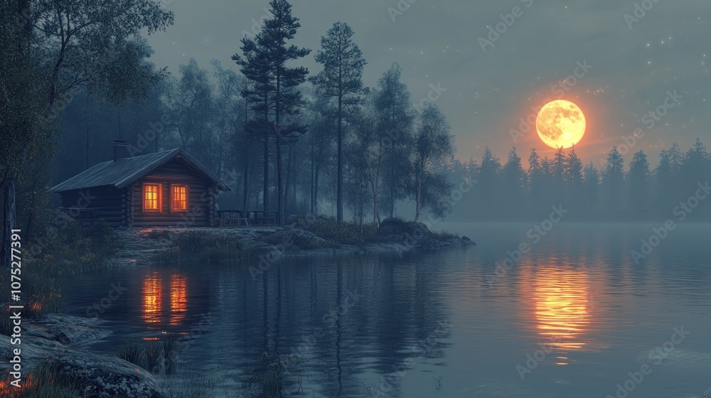 Fototapeta premium Serene lakeside cabin under a full moon with reflections on water.