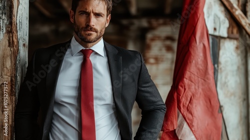 An assertive man in a suit and vibrant red tie stands against an aged wooden barn featuring flag artwork, epitomizing confidence and patriotic strength. photo