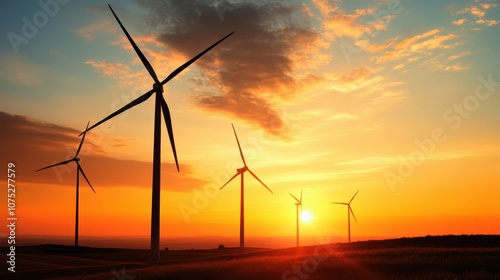 A series of wind turbines stand tall against a breathtaking sunset, highlighting the beauty and importance of renewable energy sources in modern landscapes.