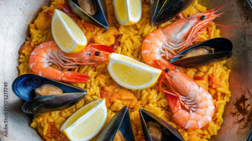 A vibrant seafood paella featuring fresh shrimp and mussels, garnished with slices of lemon for a refreshing touch.