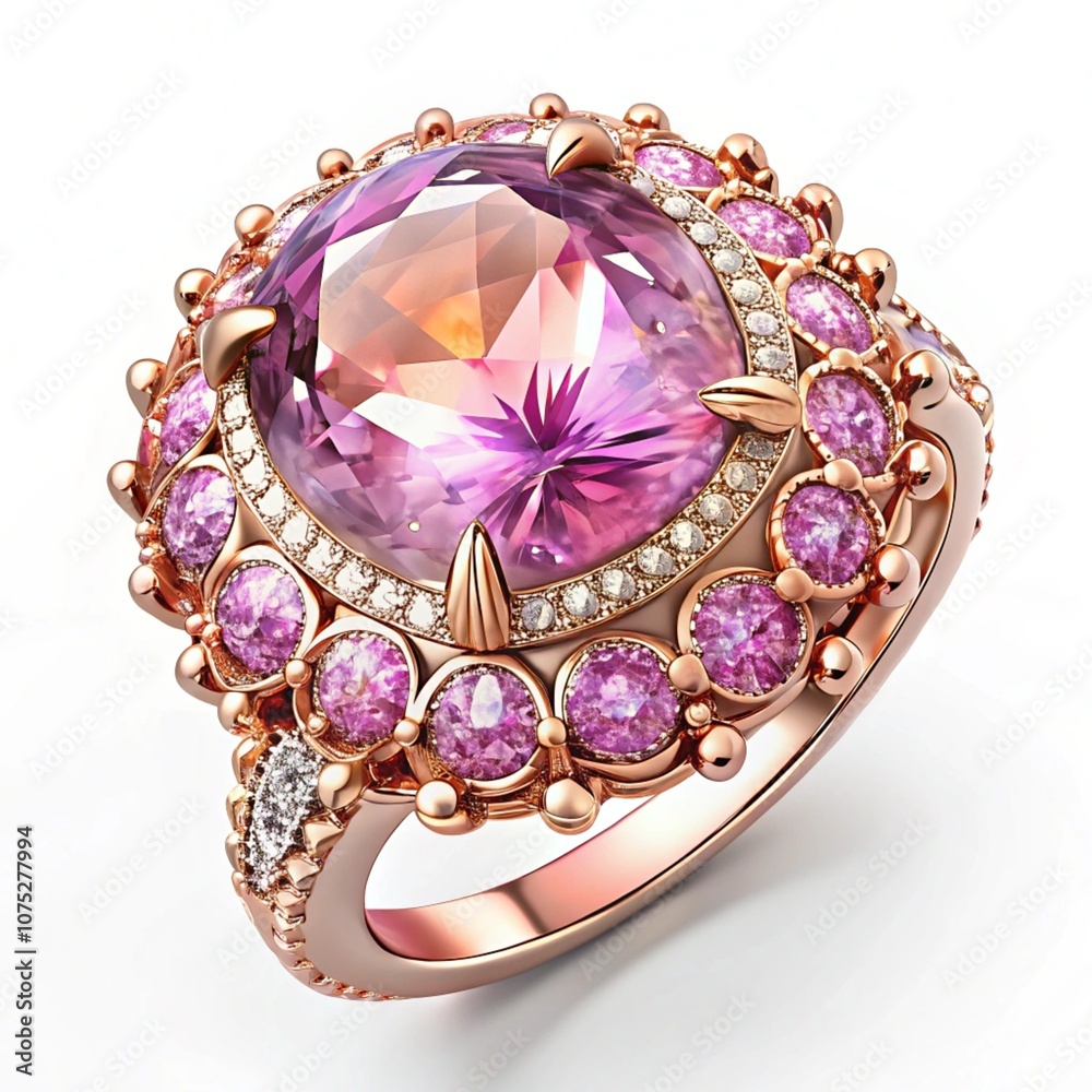 beautiful ring with pink amethyst gem (stone) isolated on a white background