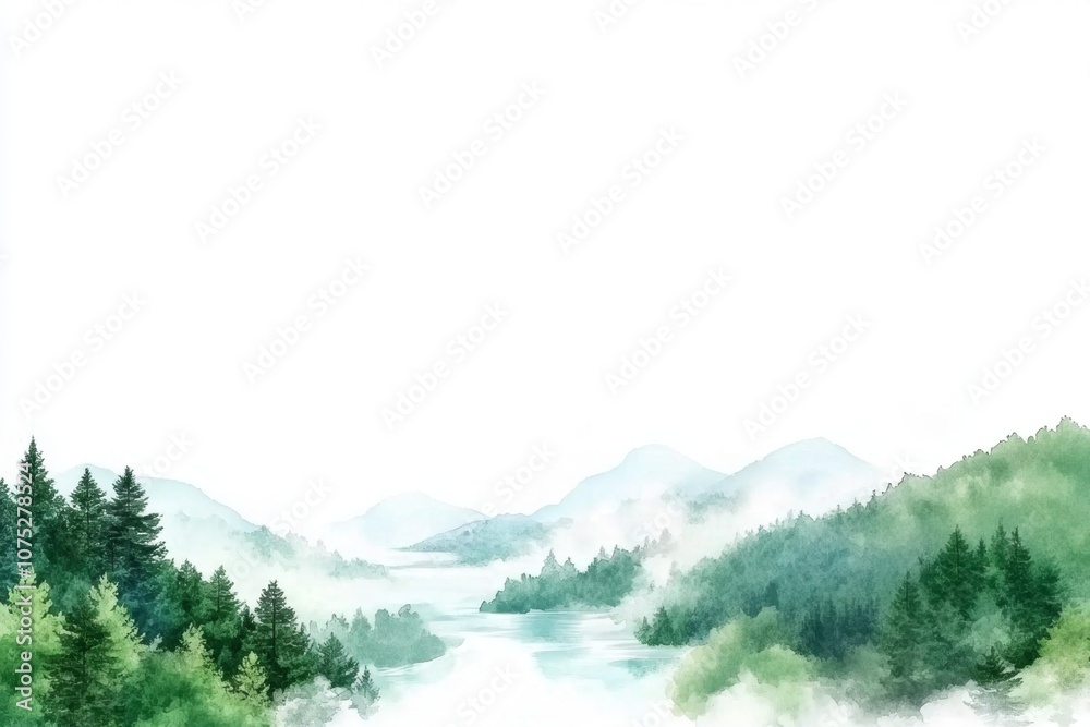 Fototapeta premium Gentle watercolor of a river journey through a forest with soft greens and blues blending in harmony