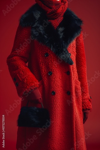 A double-breasted red coat with black fur trim is displayed against a red backdrop, highlighting style and sophistication. photo