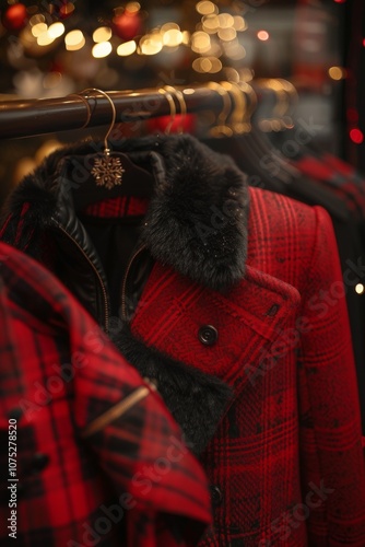 A red plaid coat with black fur collar hangs among other garments, highlighted by warm festive lighting in a store setting. photo