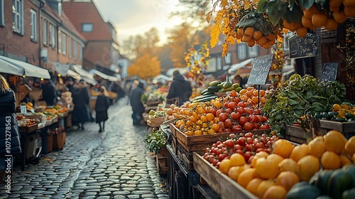 Fototapeta Naklejka Na Ścianę i Meble -  A bustling outdoor market with fresh produce, fruits, and vegetables on display.  People are shopping and browsing the stalls. The scene is set in a charming cobblestone street.