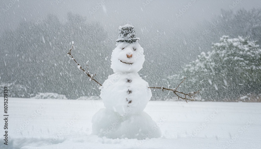 Obraz premium A snowman standing alone on a snowy day